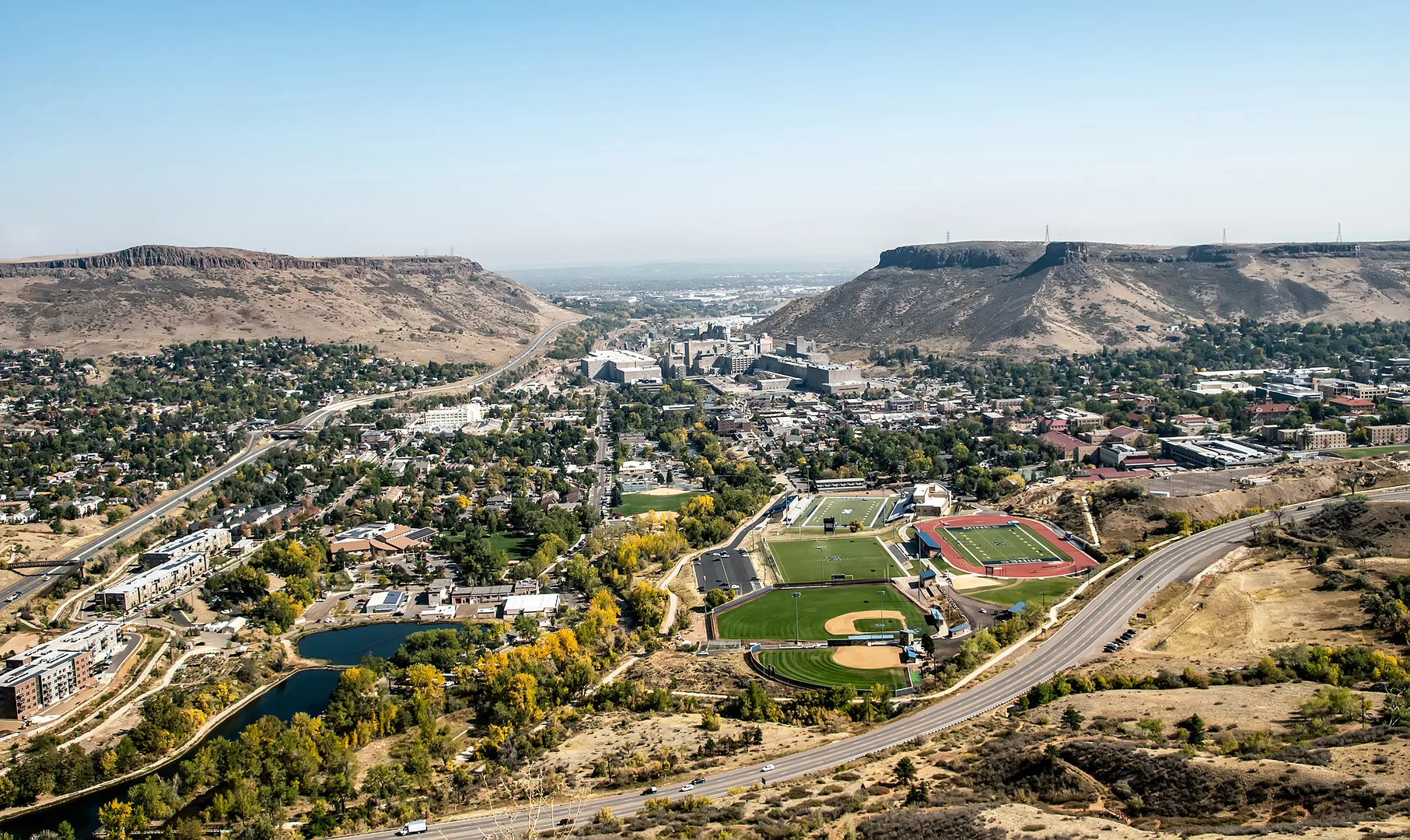 Golden, Colorado foothills and downtown with clear Rocky Mountain skies