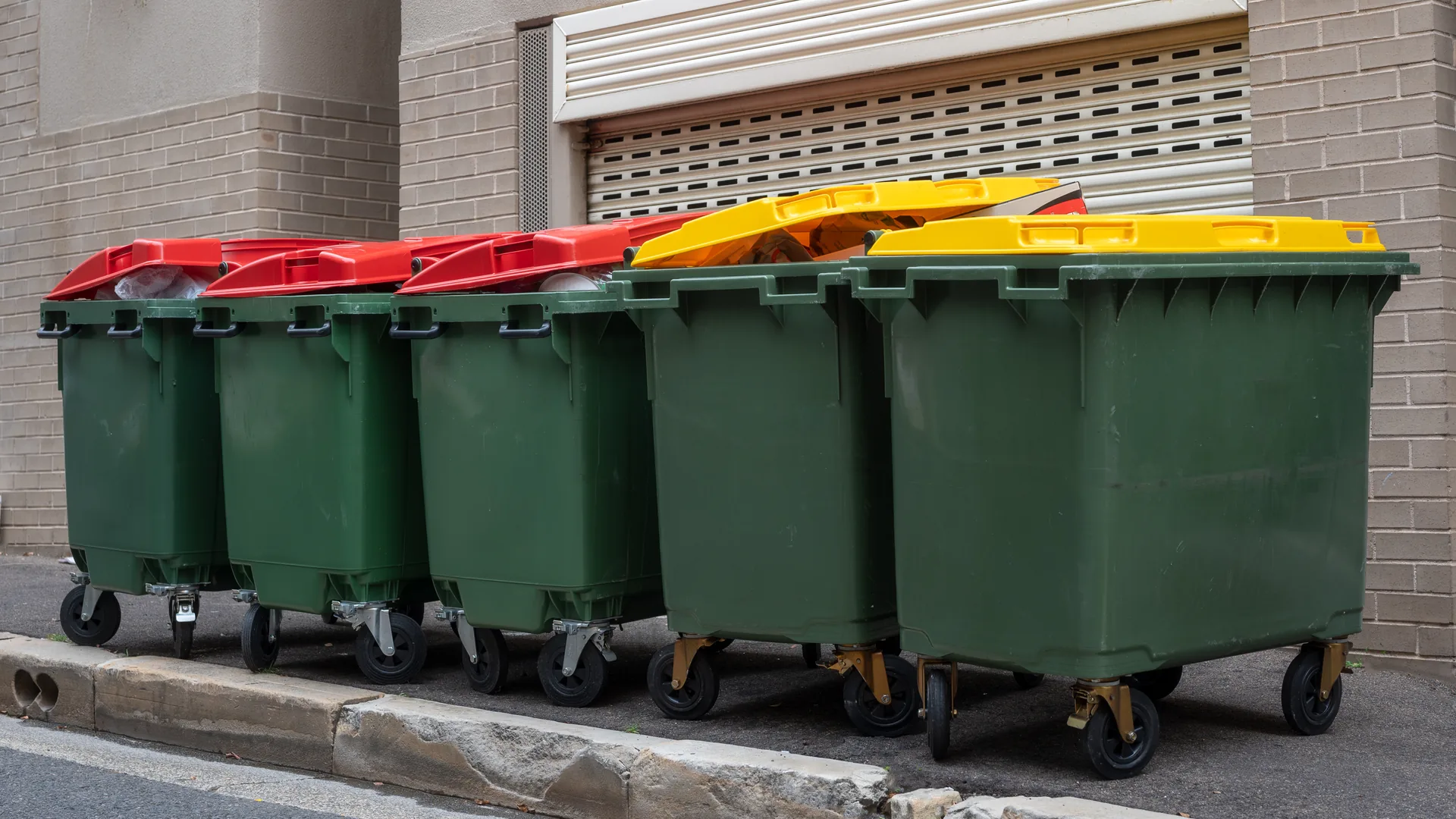 Black wheeled trash bin at the curb