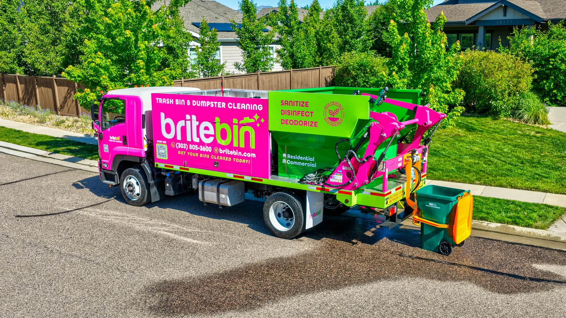Aerial view of Britebin residential bin cleaning on a neighborhood route